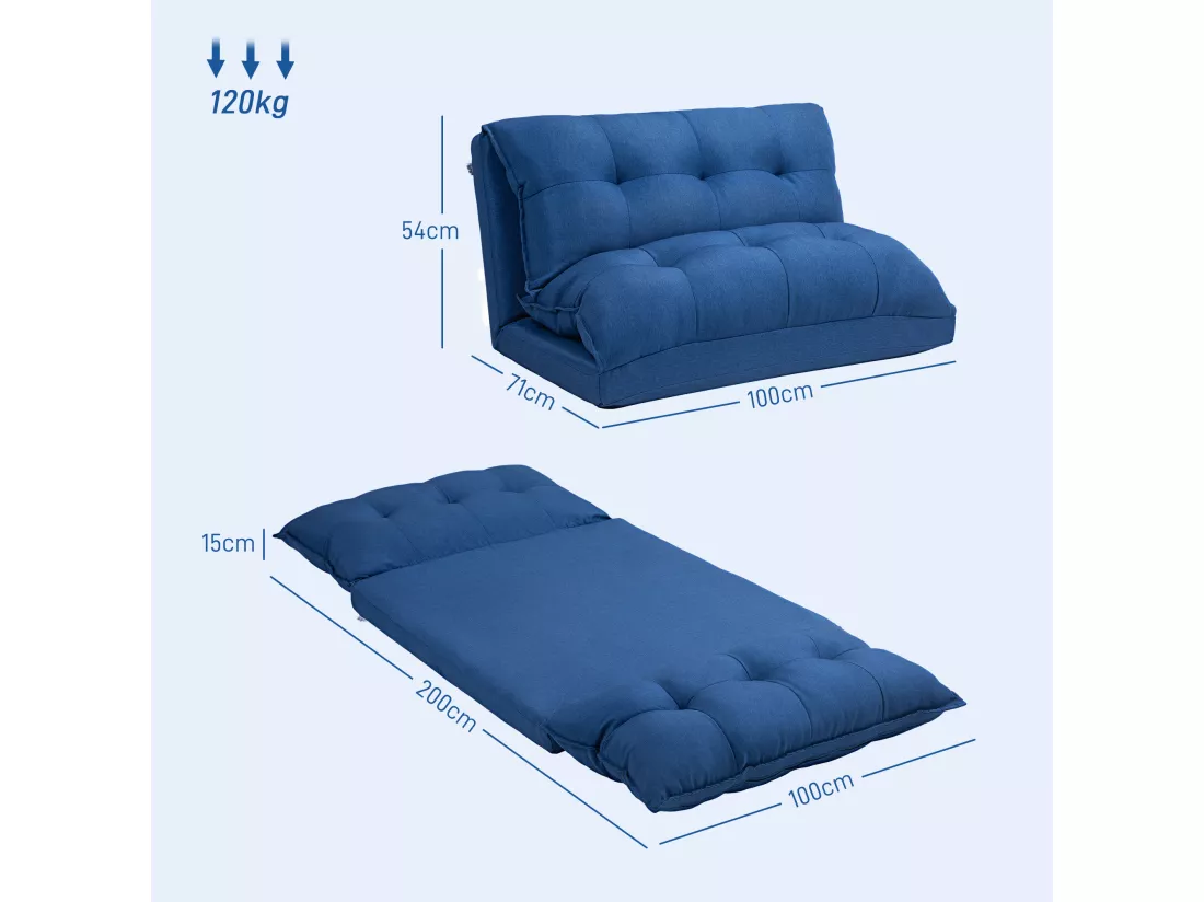Chauffeuse - matelas d'appoint pliant - fauteuil convertible - inclinaison dossier réglable 13 positions - tissu lin bleu