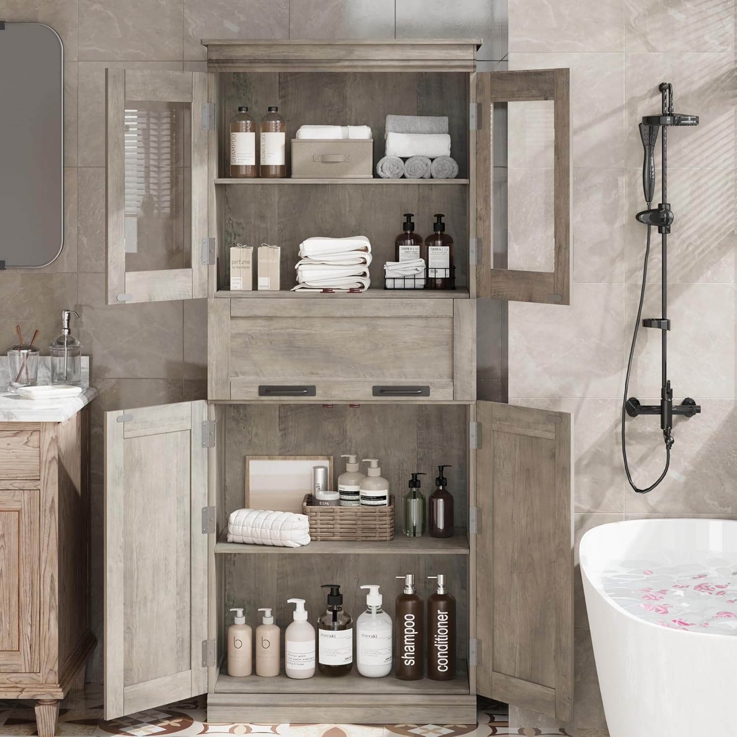 Litake 170cm Großer Badezimmerschrank mit 4 Türen, Freistehender Aufbewahrungsschrank mit Glastüren und verstellbaren Regalen und Schubladen Schrank für Küche Speisekammer Wohnzimmer (Grau)