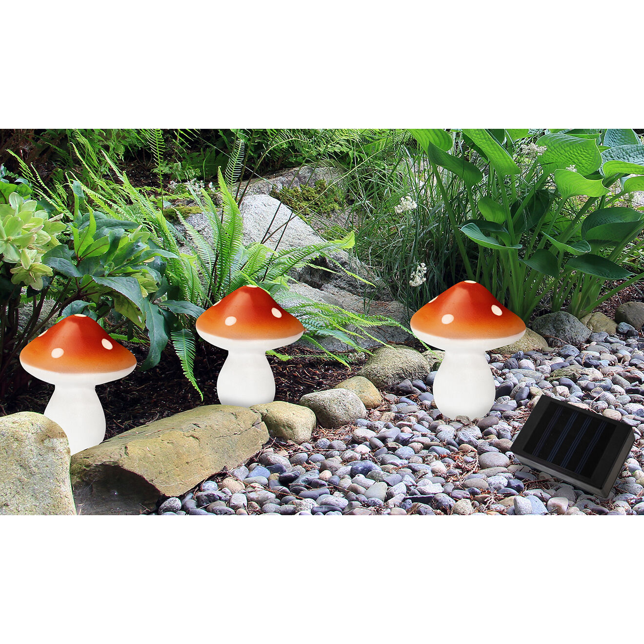 Pratik Garden 3 Lampes solaires champignons rouge/blanc - 8x8x9.8 cm