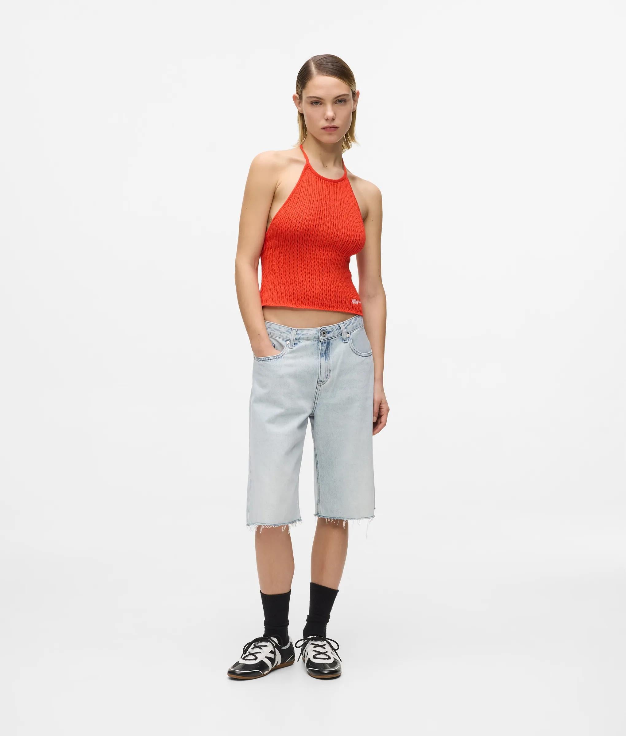 Ontspannen lange denim korte broek