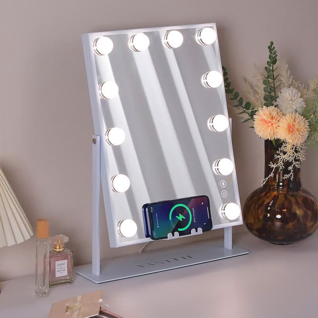 VANITII Skønhedsspejl med Lys, Bluetooth, Trådløs Opladning, Bordstående, Metal, Hvid, 30x41 cm