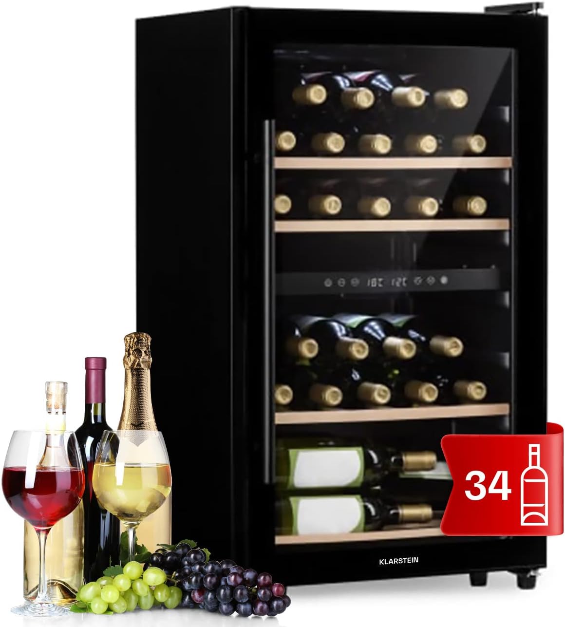 Klarstein Weinkühlschrank, Getränkekühlschrank Schmal, 2 Zonen Kühlschrank mit Glastür, Getränkekühlschränke Freistehend, Weinkühlschrank Klein, Weinkühlschränke mit UV-Schutz, 5-18°C, 34 Flaschen