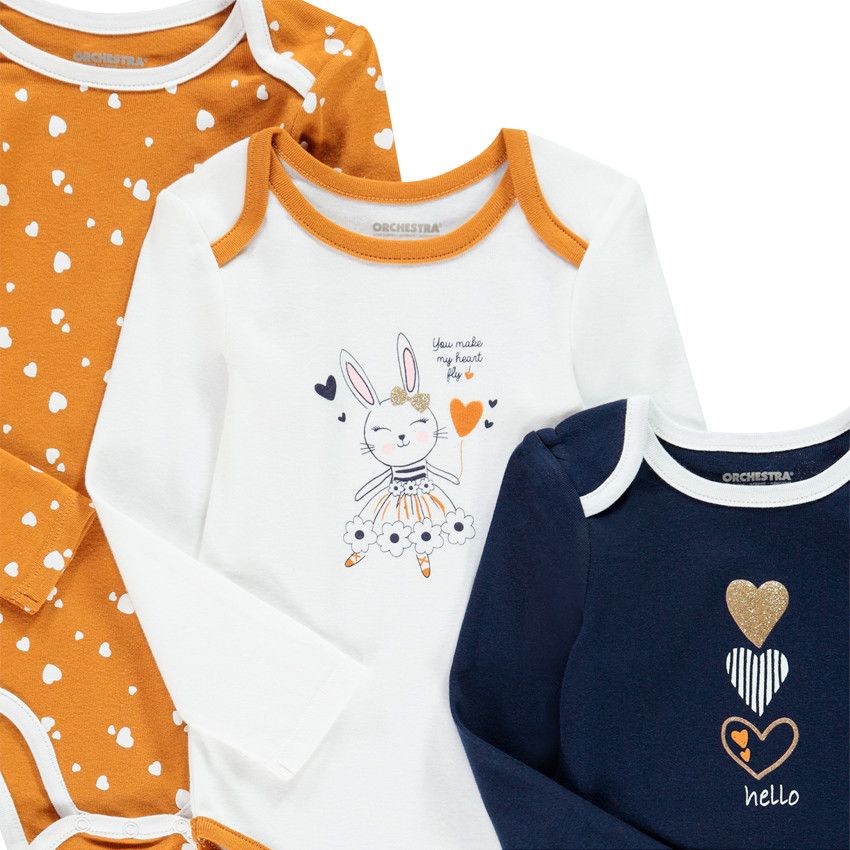 Lot de 5 bodies manches longues motifs coeurs et lapin pour bébé fille - Ecru