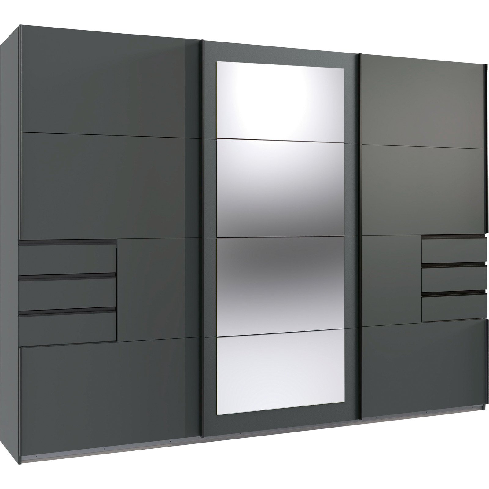 Schwebetürenschrank Minden Dekor Plankeneiche graphit 270 x 210 x 65 cm, mit Spiegel