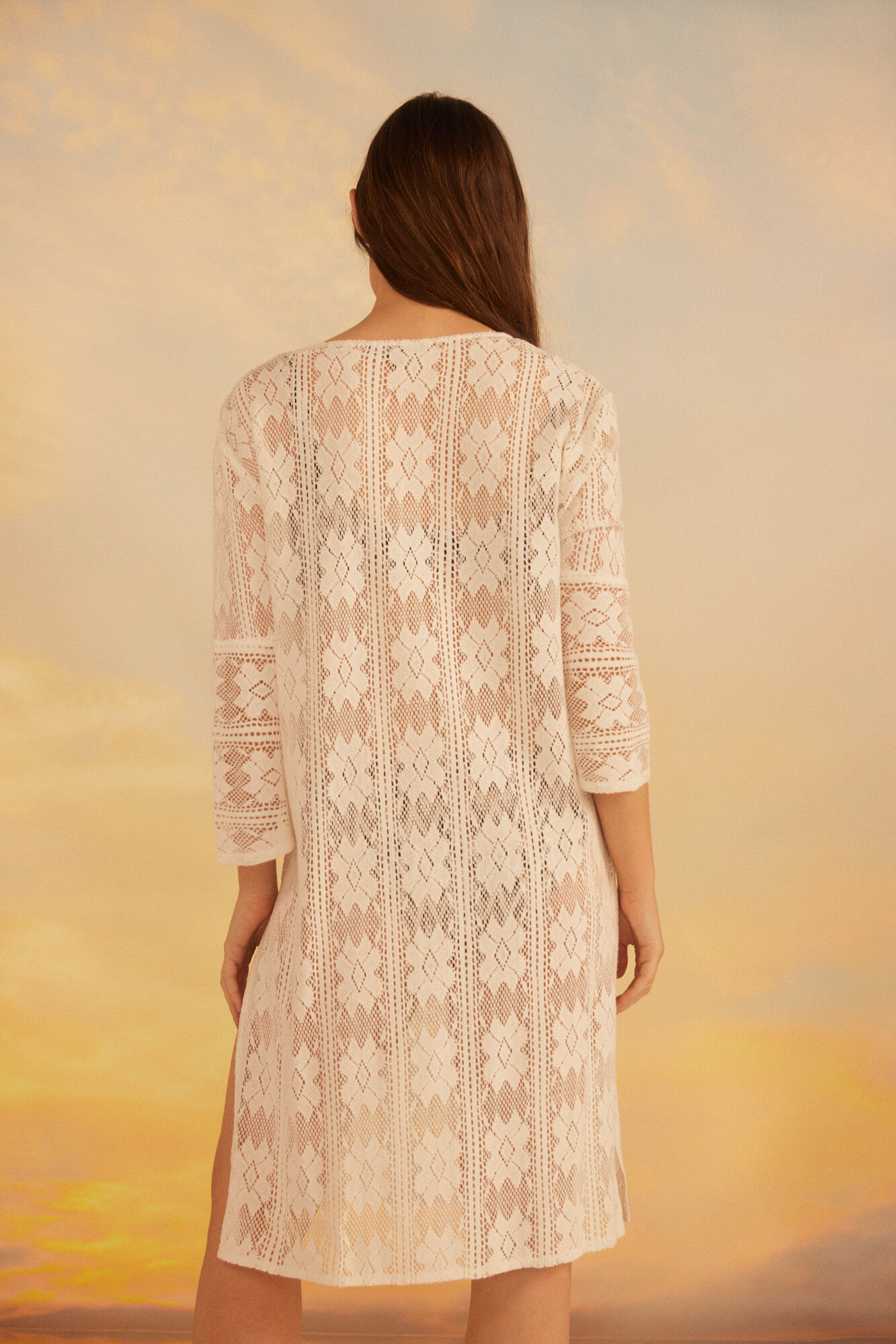Caftan longo de crochê - Marfim