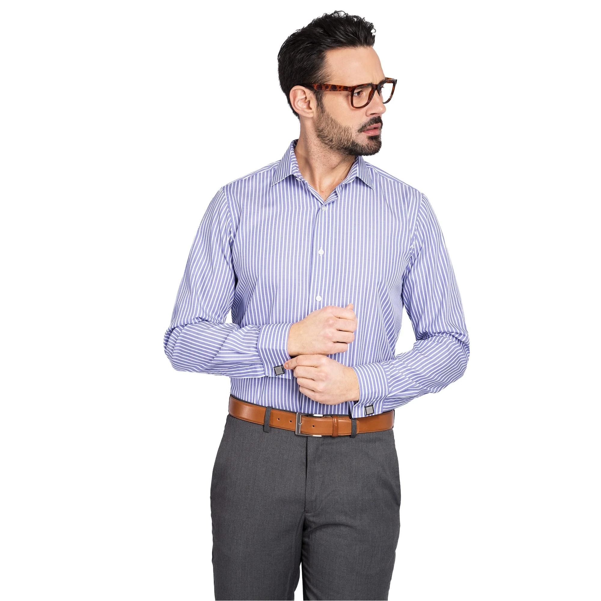 Chemise droite à poignet mousquetaire rayures bleues 100% coton