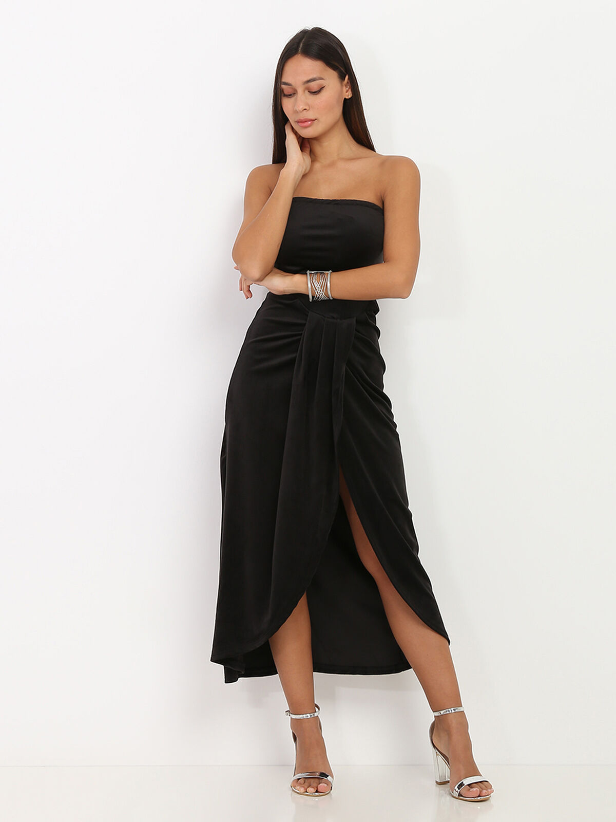 Robe bustier en velours drapé- Noir