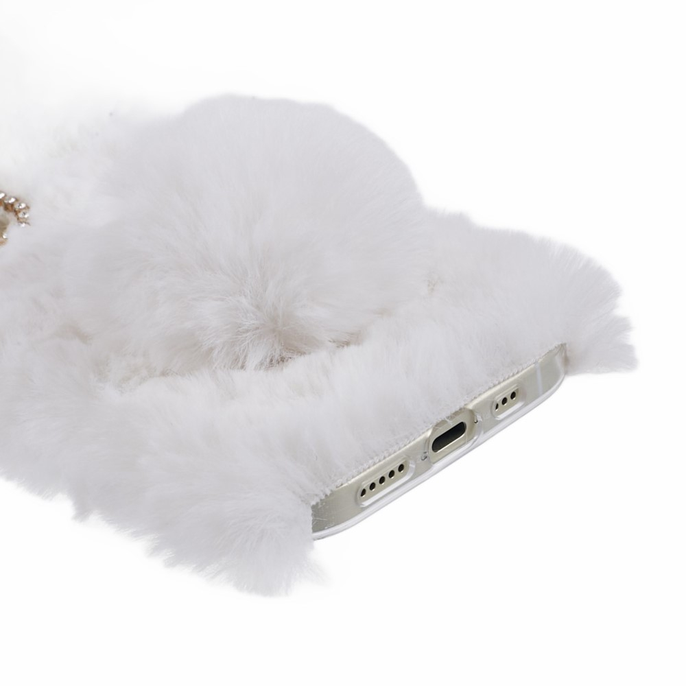 iPhone 15 3D Gummi Plüsch Case Hülle Bunny mit Flauschigen Hasenohren - Weiss