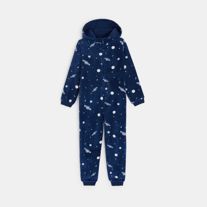 Pyjama-combi à capuche en éponge bleu garçon