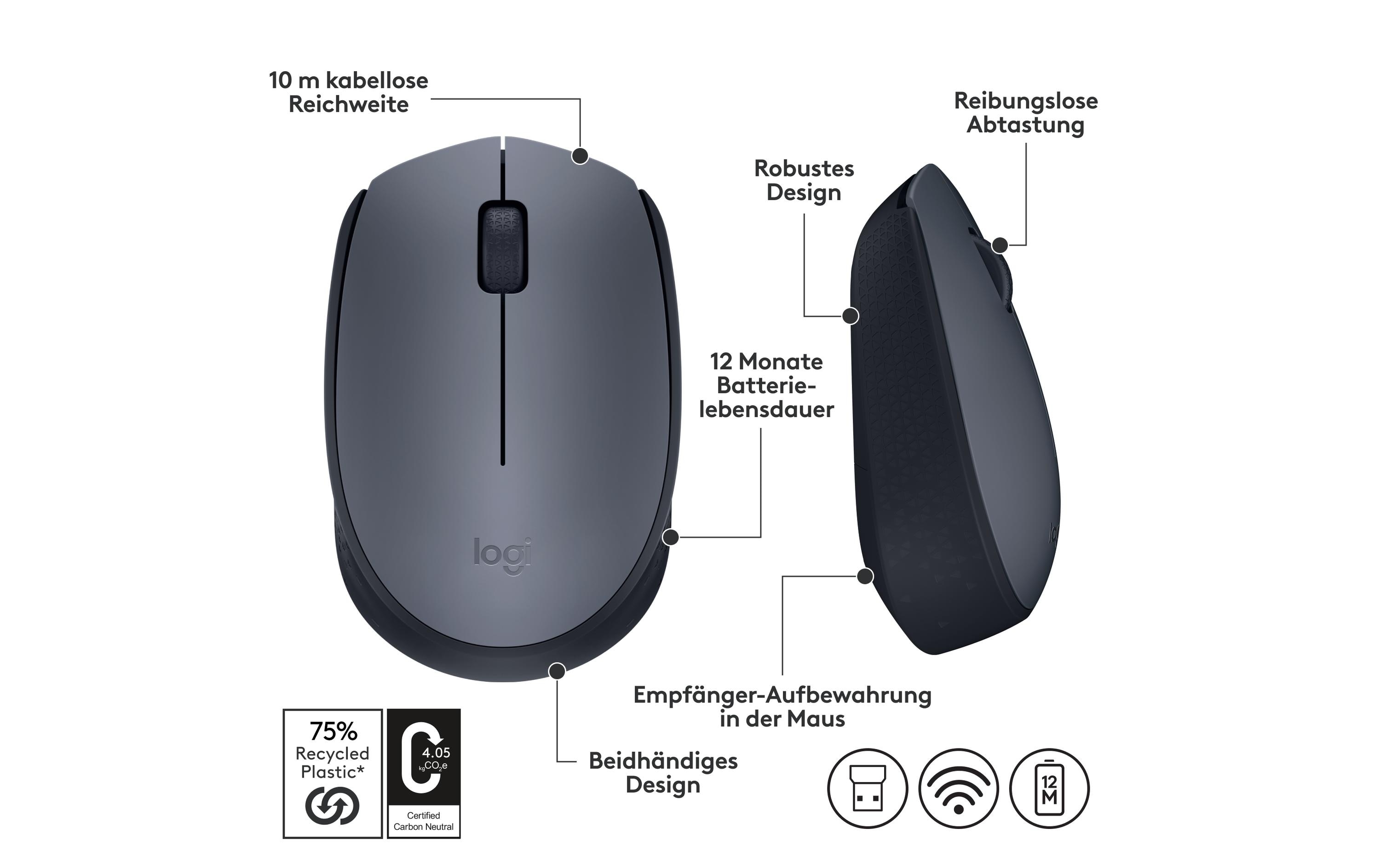 Maus M170 , kabellosKleine 3-Tasten-Wireless-Maus für Links- & Rechtshänder mit bis zu 12 Monaten Batterielaufzeit