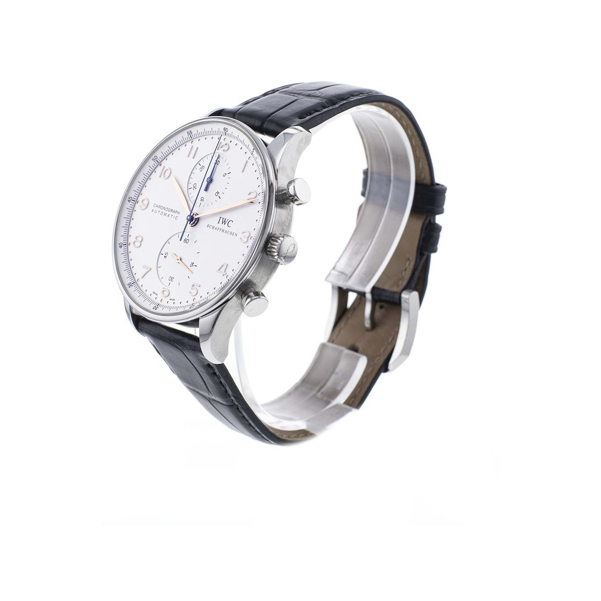 Montre d'occasion IWC Portugaise homme chronographe automatique acier bracelet cuir