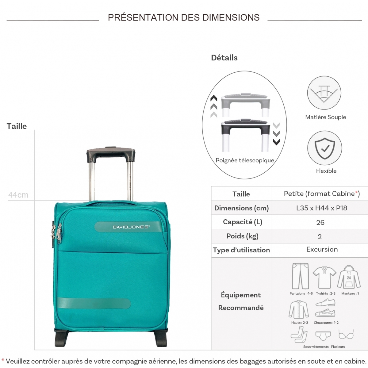 David Jones Valise cabine XS underseat souple David Jones 44cm