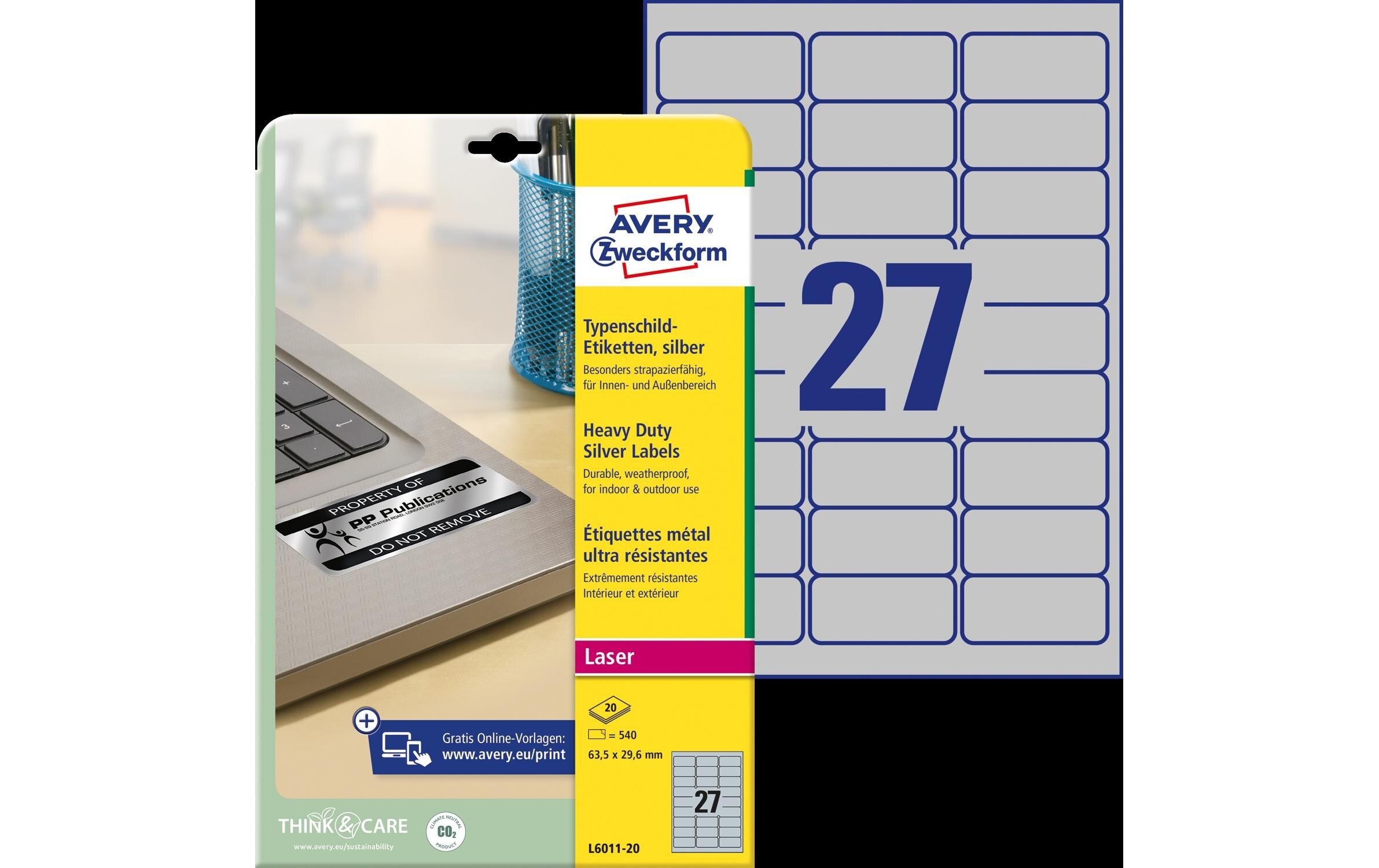 Typenschild-Etiketten L6011-20 63.5 x 29.6 mm20 Bogen mit silberner Folie für Laserdrucker