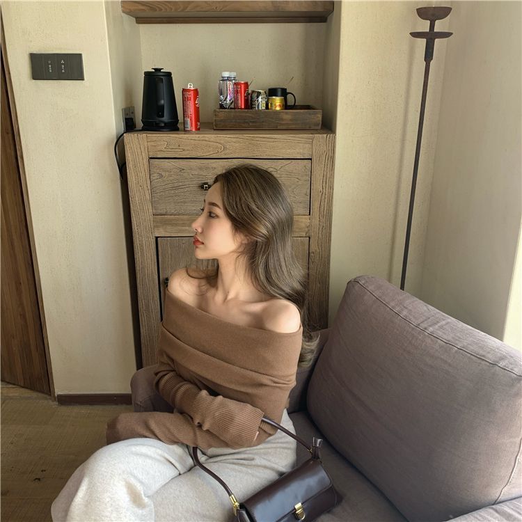 Alfie - Effen off-shoulder gebreide top met lange mouwen