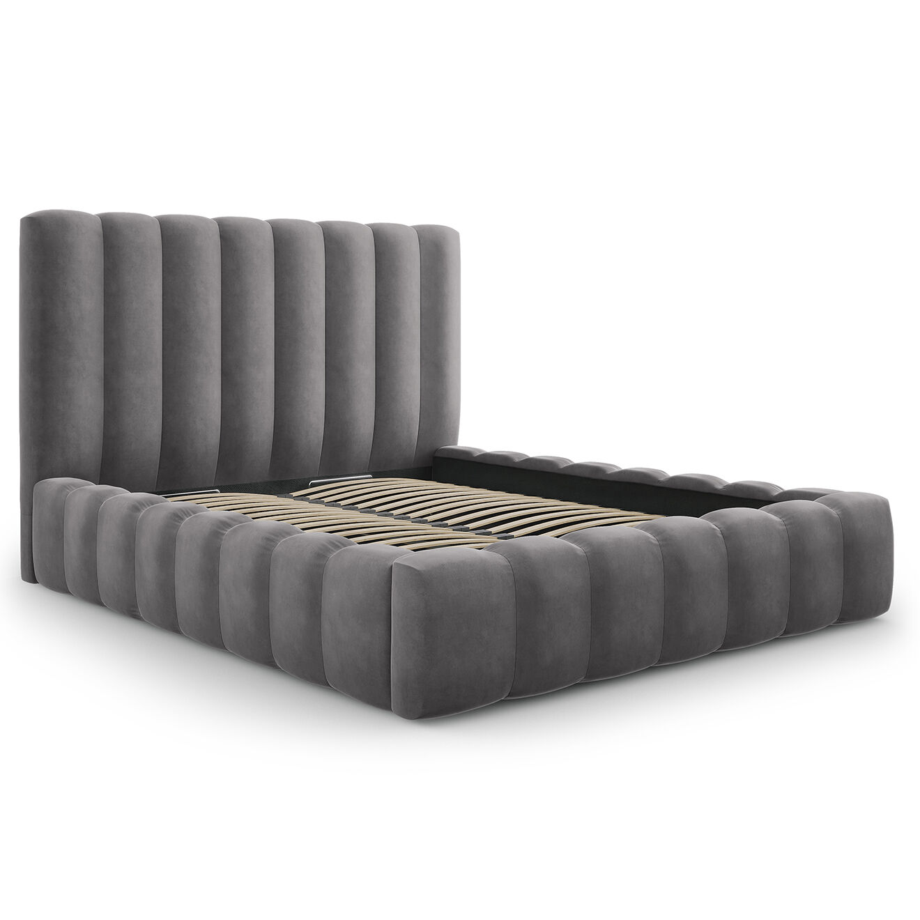 Milo Casa Lit Coffre en Velours avec Tête de Lit Gina gris - 160x200 cm