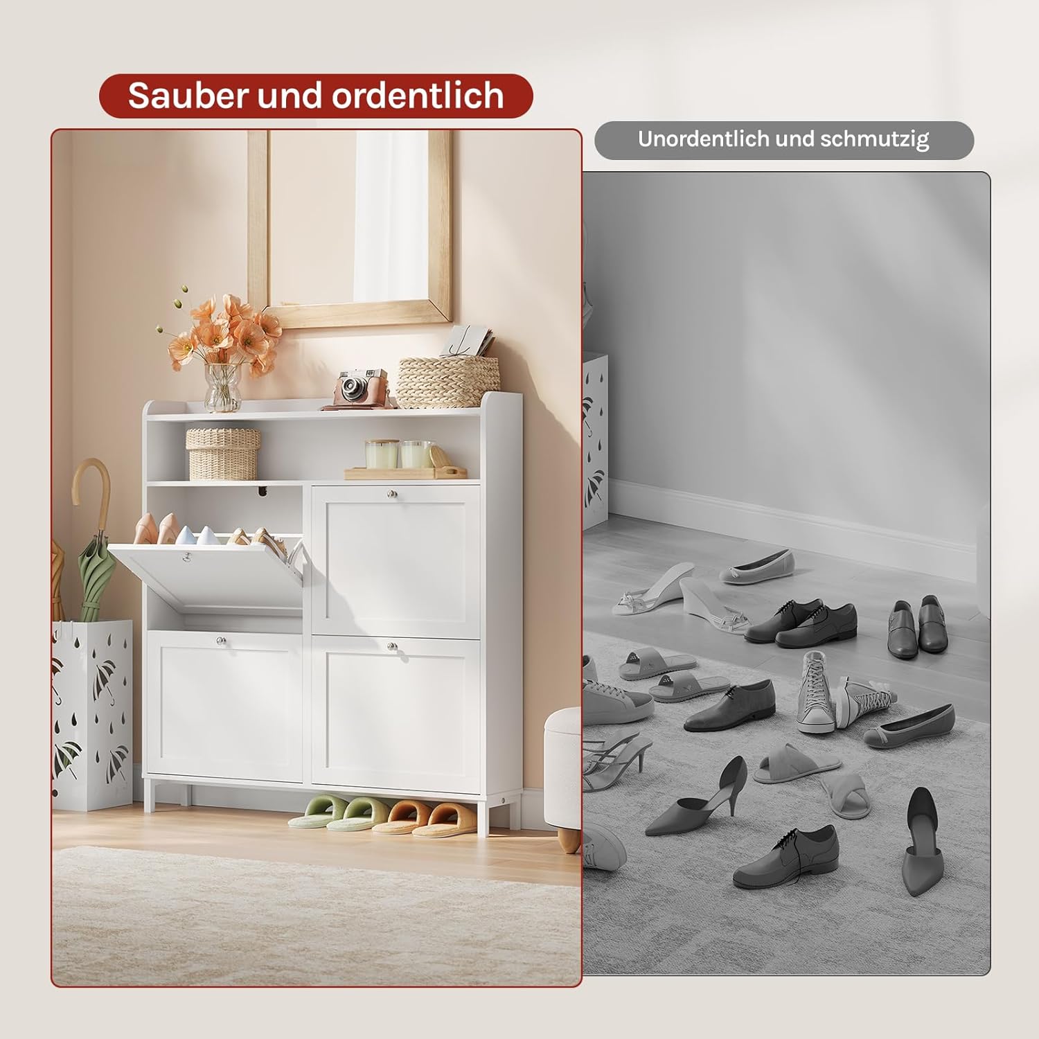 WOLTU Schuhschrank mit 4 Klappen, Schuhregal Schuhkipper schmal, Platzsparend & Robust, für 8-12 Paar Schuhe, Kratzfest, 100 x 107 x 19,5 cm Weiß