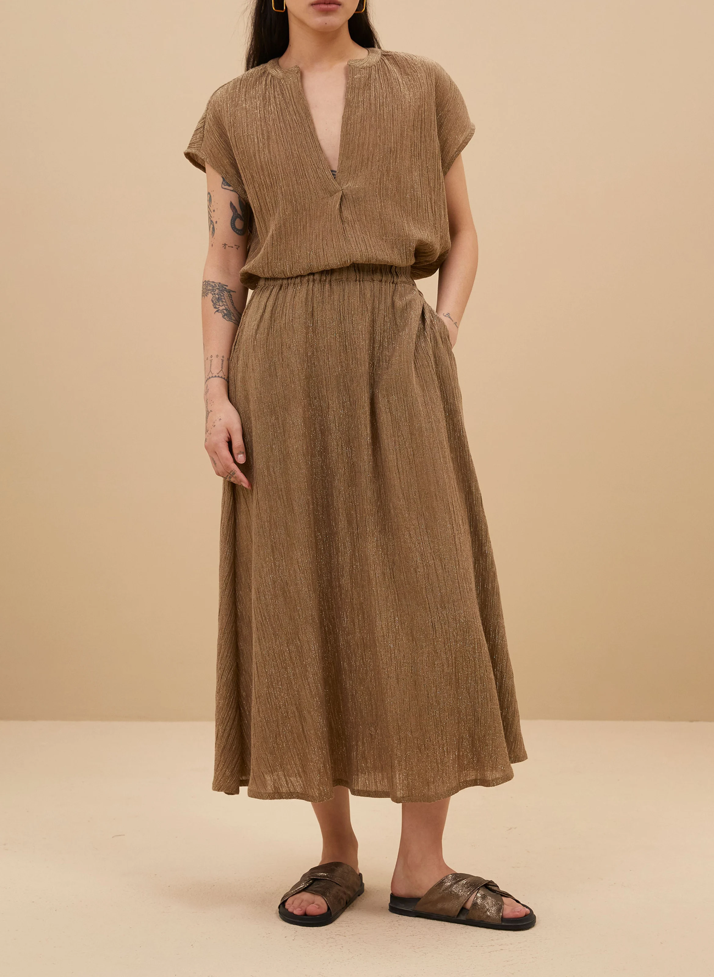 JUTA - Jupe midi taille haute en coton mélangé | Doré