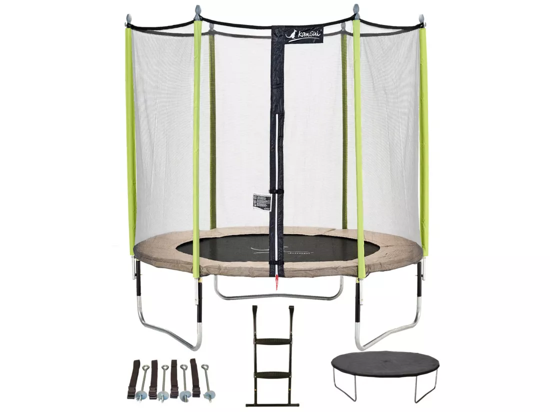 Kangui - Trampoline de jardin 244 cm + filet de sécurité + échelle + bâche de protection + kit d'ancrage JUMPI Taupe/Vert 250