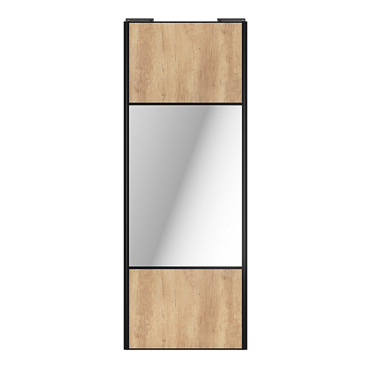 Porte de placard coulissante avec miroir effet chêne brut profil noir GoodHome Arius H. 248,5 x L. 92.2 cm + amortisseurs