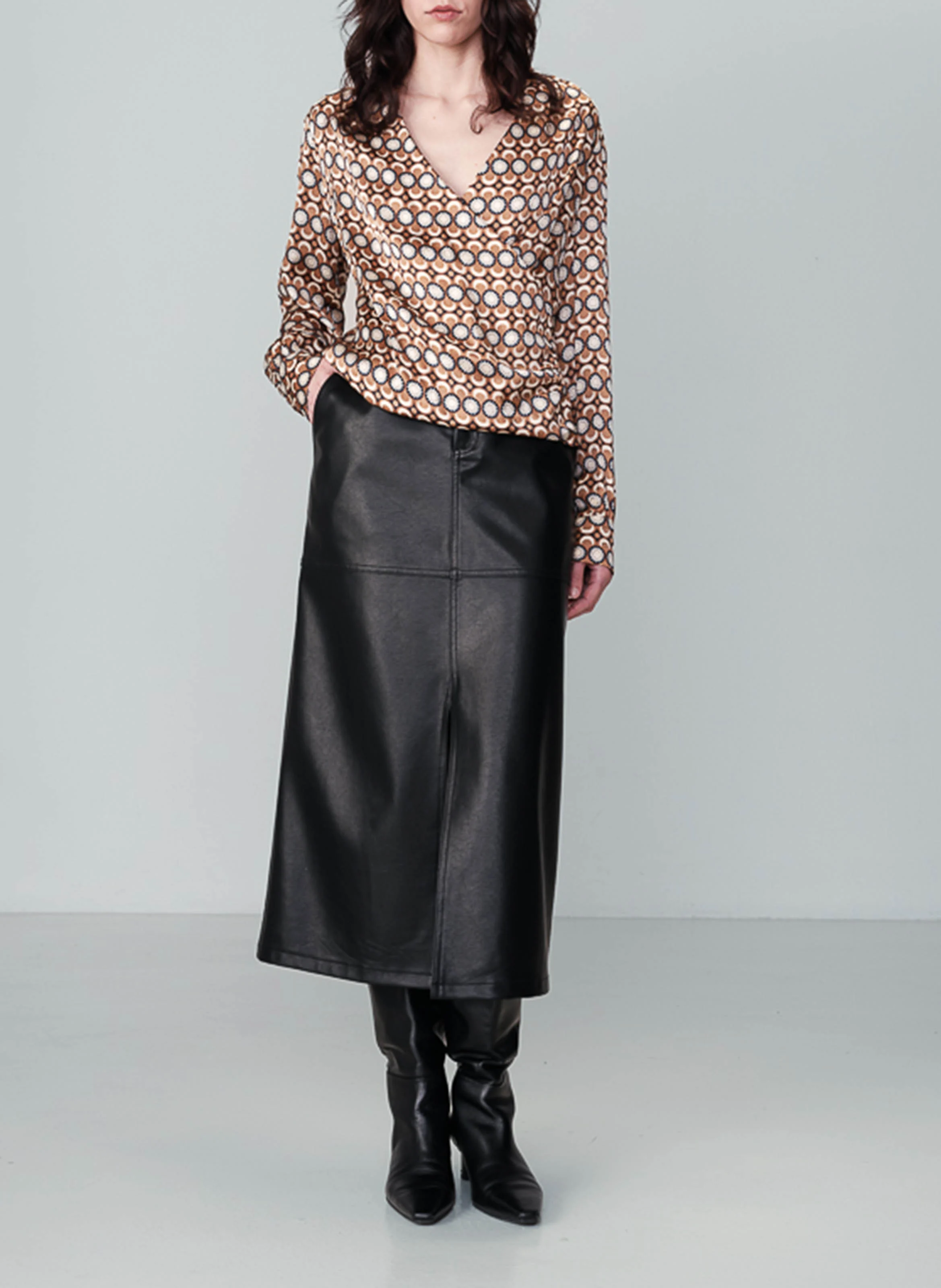 NOBLE - Blouse droite croisée imprimée| Marron