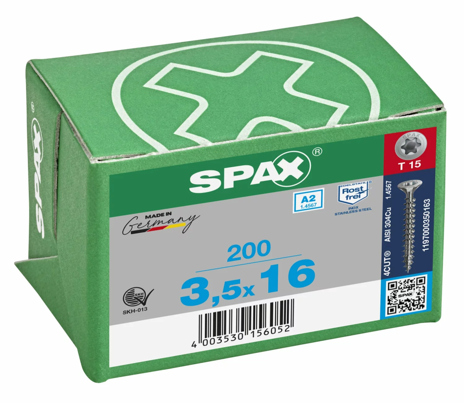 SPAX 1197000350163 Roestvaststalen schroef, Verzonken kop, 3.5 x 16, Voldraad, T-STAR plus TX15 - blank - 200 stuks