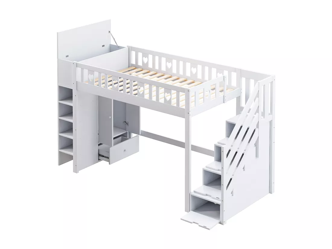 Lit mezzanine 90x200 cm en bois - avec multiples rangements & échelle de rangement - Blanc