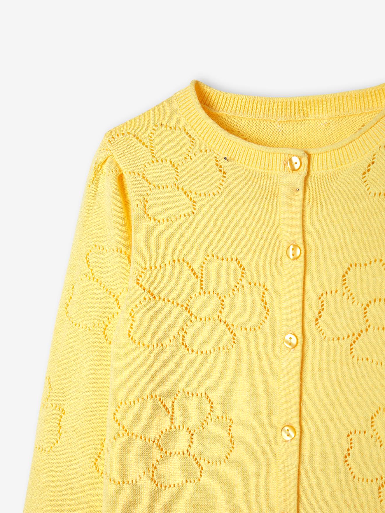 Casaquinho de tricô amarelo com estampa floral para meninas