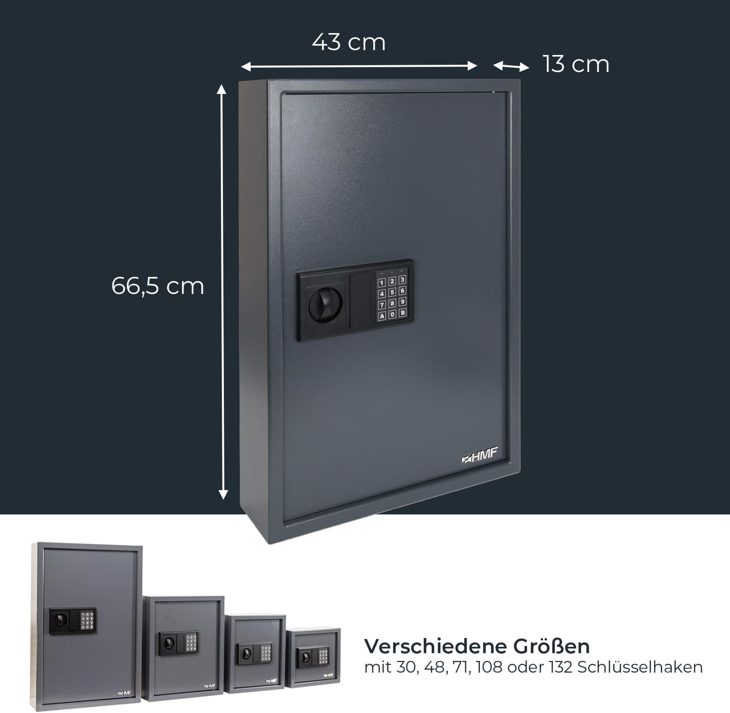 HMF Schlüsseltresor mit Zahlencode, Schlüsselsafe mit Elektronikschloss | 132 Haken | 66,5 x 43 x 13 cm | Anthrazit