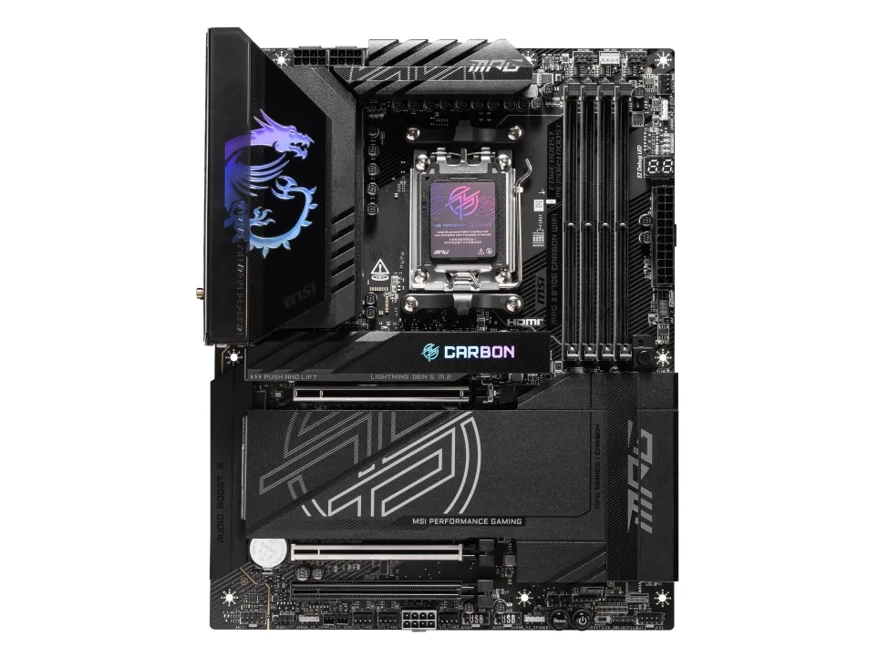 MSI MPG X870E CARBON WIFI - Bundkort - ATX - Socket AM5 - AMD X870E Chipset - USB 3.2 Gen 2, USB4, USB-C 3.2 Gen 2x2 - 2.5 Gigabit LAN, 5 Gigabit Ethernet, Wi-Fi 7 - onboard grafik (CPU påkrævet) - HD Audio (8-kanaler)