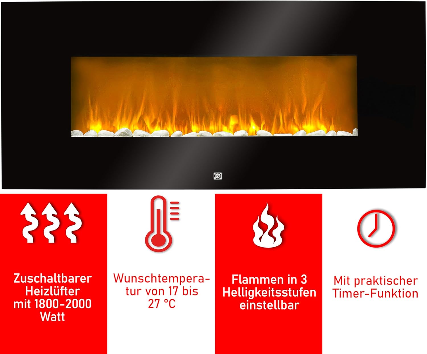 Elektrokamin Wandmontage 94cm – Elektrischer Kamin mit LED Flammeneffekt & Heizfunktion 2000W – Wandkamin mit Thermostat Timer & Fernbedienung – Design Kaminofen ohne Schornstein, Schwarz