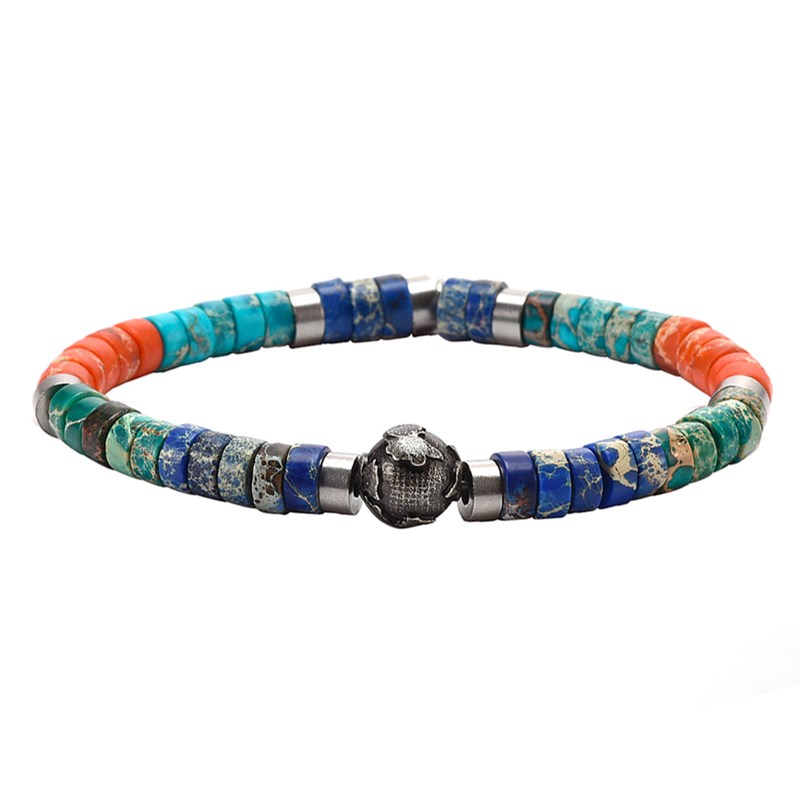 Bracelet Perles Heishi Pierres Naturelles Jaspe Impérial Bleu Ciel, Orange, Vert Et Bleu Planète Acier-XS-14cm
