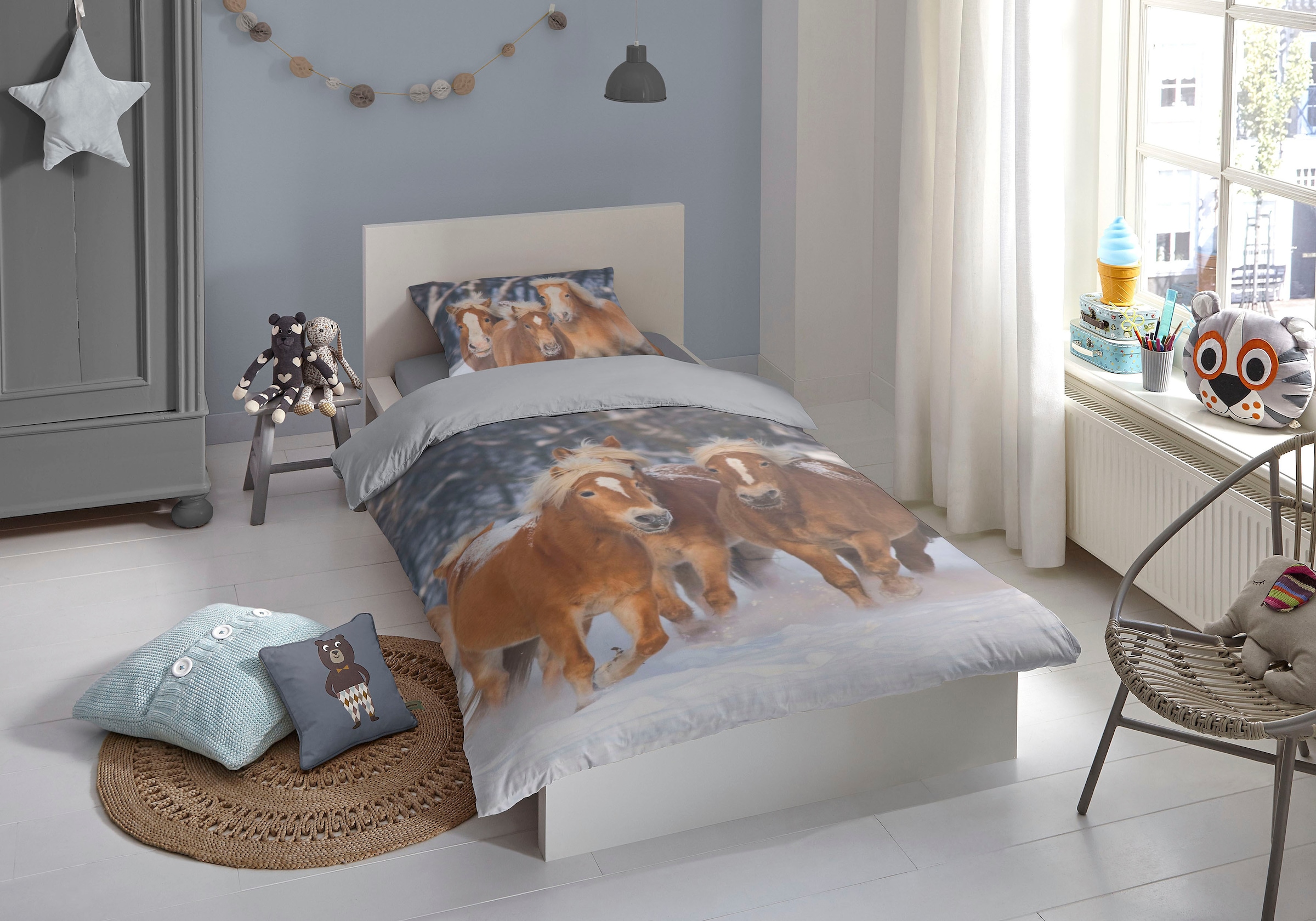 good morning Kinderbettwäsche »Happy horses« 2 Stk. tlg. Biber, 135x200, Weich, Warm, Reissverschluss, Wendeoptik, Kind, Pferd