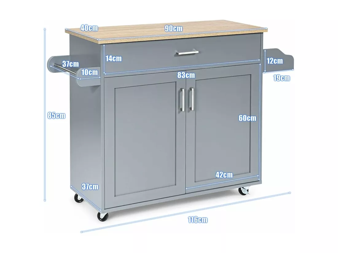 Dessert de Cuisine à roulettes Verrouillables, Ilot Central Cuisine Étagère Réglable sur 3 Niveaux, Grand Placard, Tiroir, Porte-épices et Porte-Serviettes, 40 x 116 x 85 cm (Gris)
