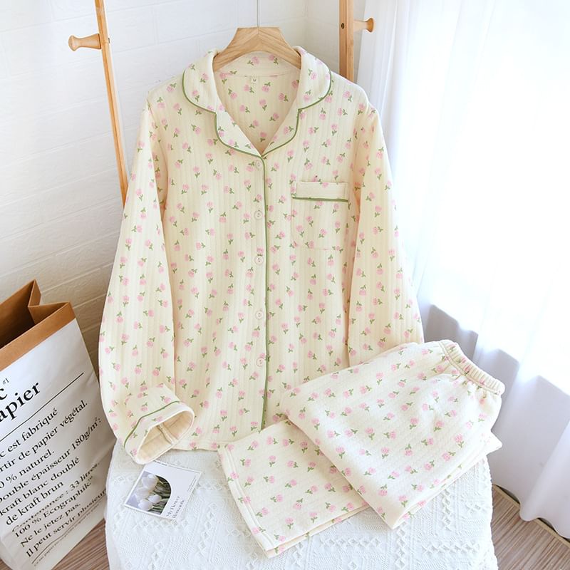 molpes - Pyjamaset: overhemd met bloemenprint en knoopjes + broek