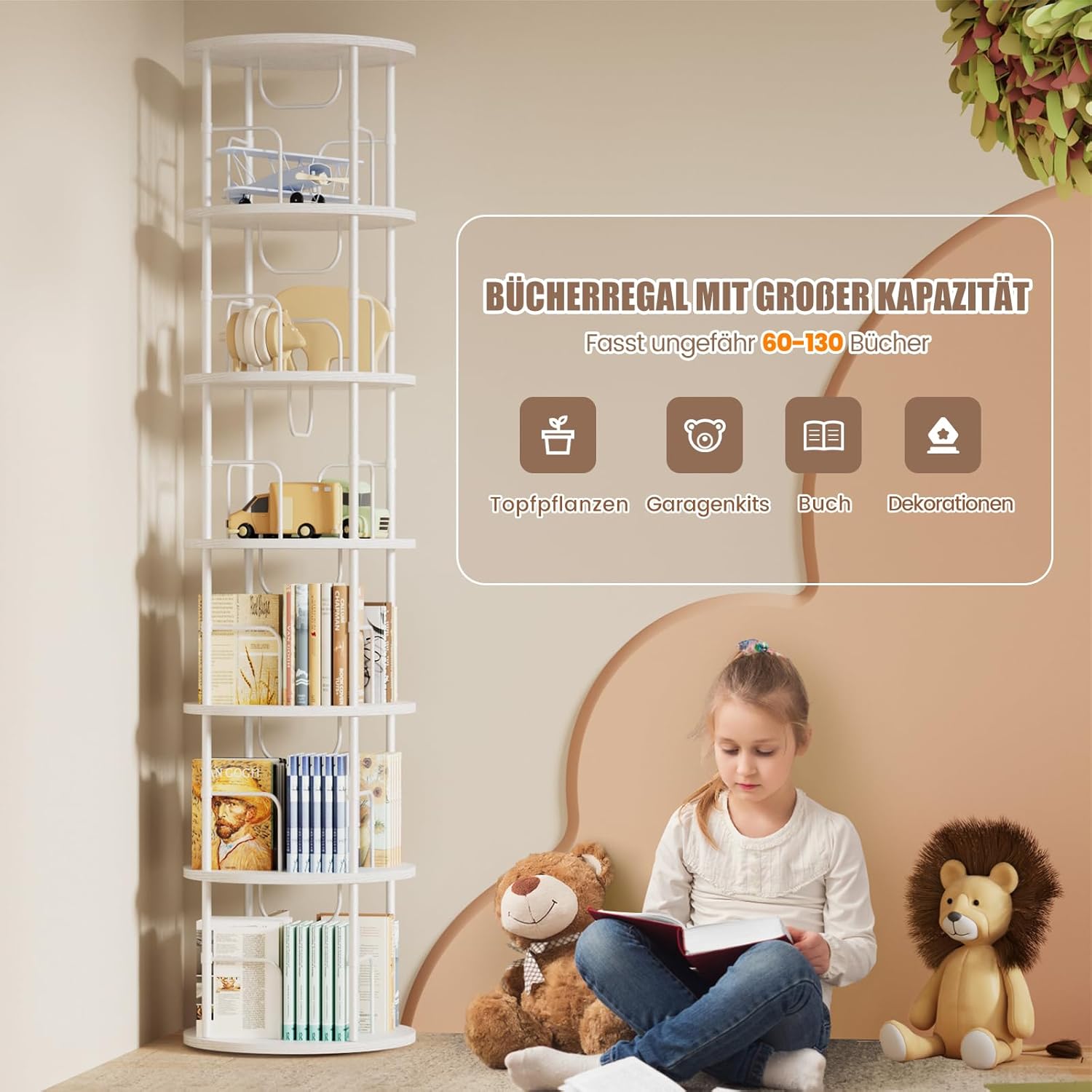 Generisch 360° Drehbares Bücherregal, Bodenstehendes Bücherschrank Aus Holz, Bookshelf Mit 6 Ebenen, Verstellbare Ebenen, Standregal, 45×45×193cm, Weiß OH0228932