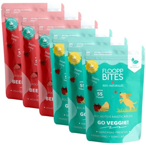 FlooppBITES petiscos macios e naturais com carne e vegetais, e opção vegetariana para cães.