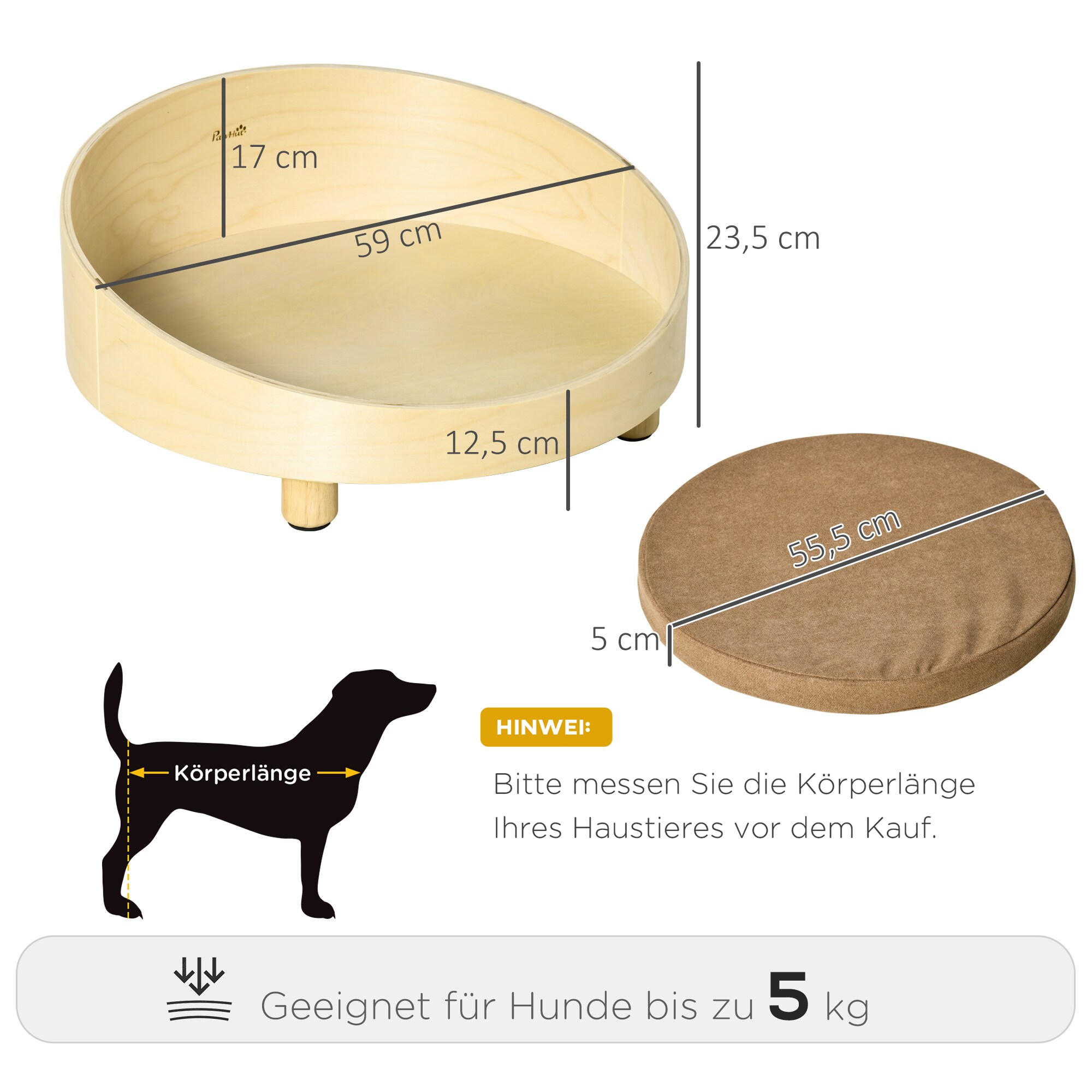 PawHut Hundebett mit Kissen natur 59L x 59B x 23,5H cm