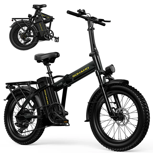 Bicicleta elétrica SOHAMO H3 para adultos, dobrável, com pneus largos de 20 polegadas, motor de 750 W, bateria removível de 48 V 15 Ah, suspensão dianteira e câmbio Shimano de 7 velocidades.