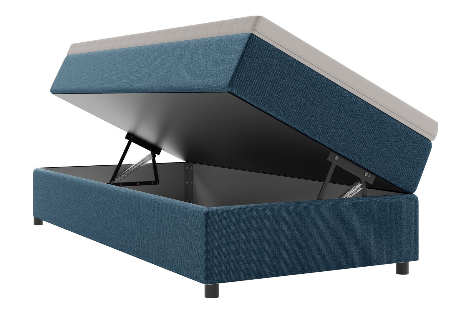 Premium 10 oppbevaringsseng 90x200 cm Magasinseng med oppbevaring, åpnes fra siden. I tekstil terranova 21 blå, med medium fasthetsgrad og premium 10 overmadrass,sorte ben. Sengegavl selges separat.