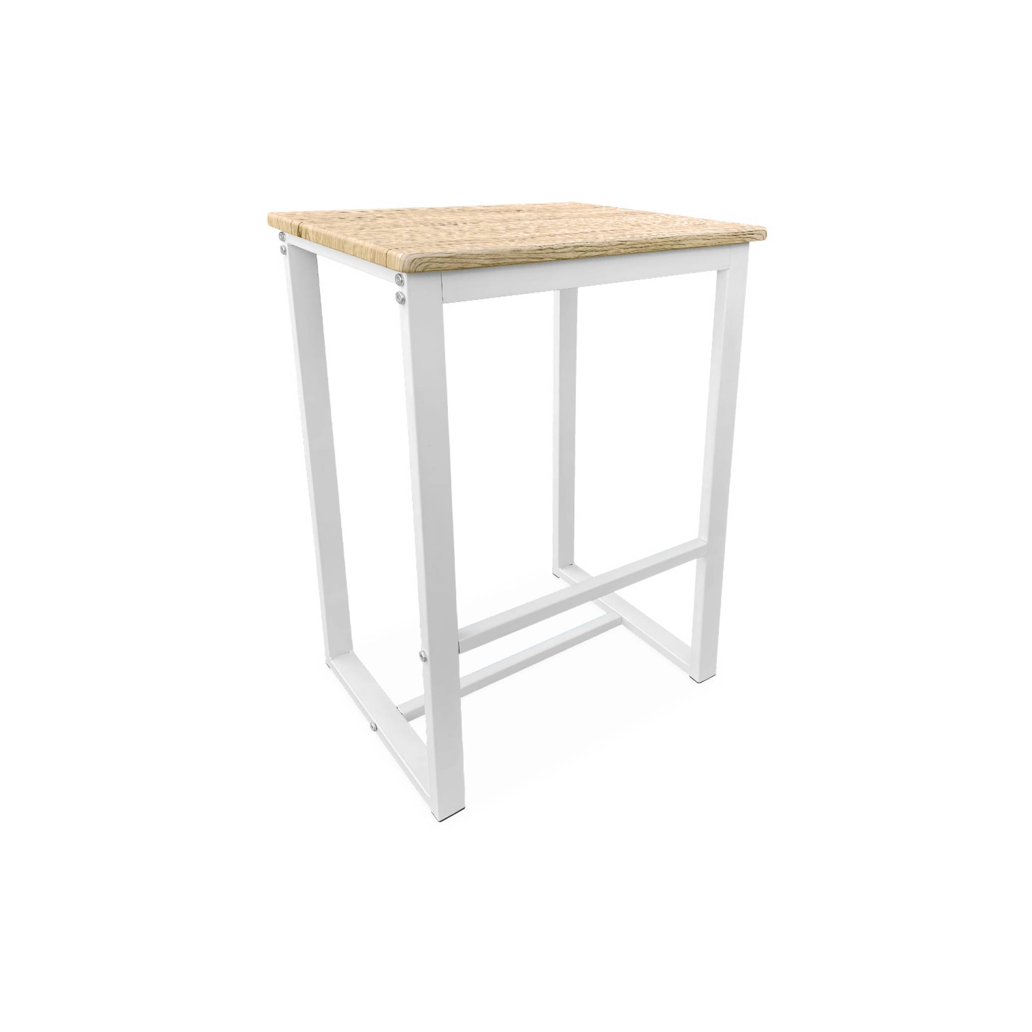 Set table haute carré - loft - avec 2 tabourets de bar. Acier et décor bois. Encastrable. Design