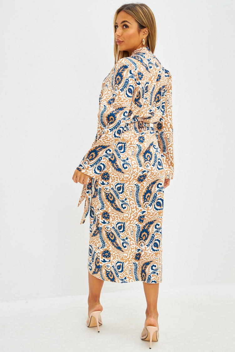 Ensemble chemise + jupe à motif Paisley camel et bleu