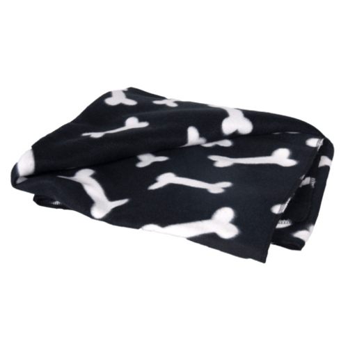 Manta preta para animais de estimação com estampa de flamingo e ossos.