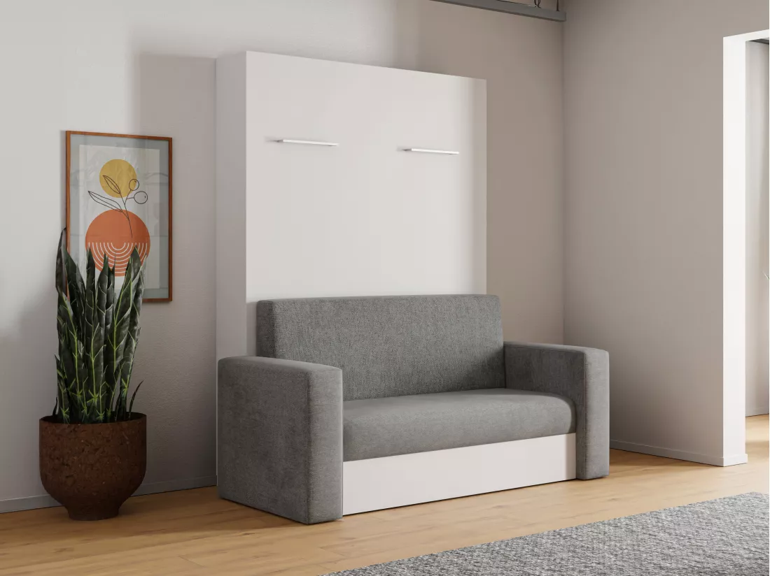 Lit escamotable canapé 140 x 200 cm - Ouverture verticale manuelle - Blanc et gris + Matelas - VACIALA II