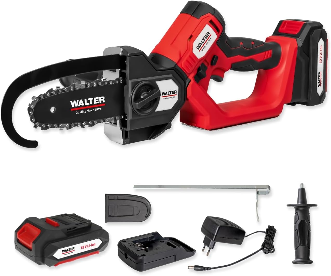 WALTER Akku-Kettensäge & Stichsäge 2-in-1 20V Li-Ion Bürstenloser Motor, schwenkbarer Kopf, 120 mm Schnittleistung Rückschlagschutz & Soft-Grip Für Holz Äste Baumzuschnitt | Akku & Schnellladegerät