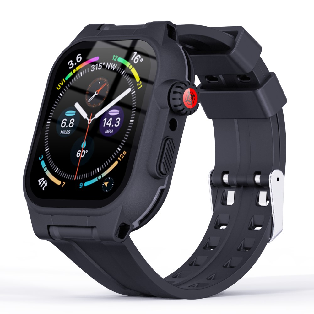 3in1 Apple Watch (45 mm) Wasserfestes Silikon Armband mit Bumper Case   Display Schutz (Gelenkumfang 170-250mm) - Schwarz
