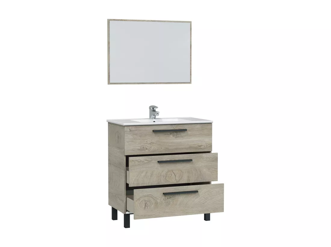Meuble salle de bain sous vasque avec 3 Tiroirs + 1 Miroir coloris Alaska chêne - Longueur 80 x Profondeur 45 x Hauteur 86 cm