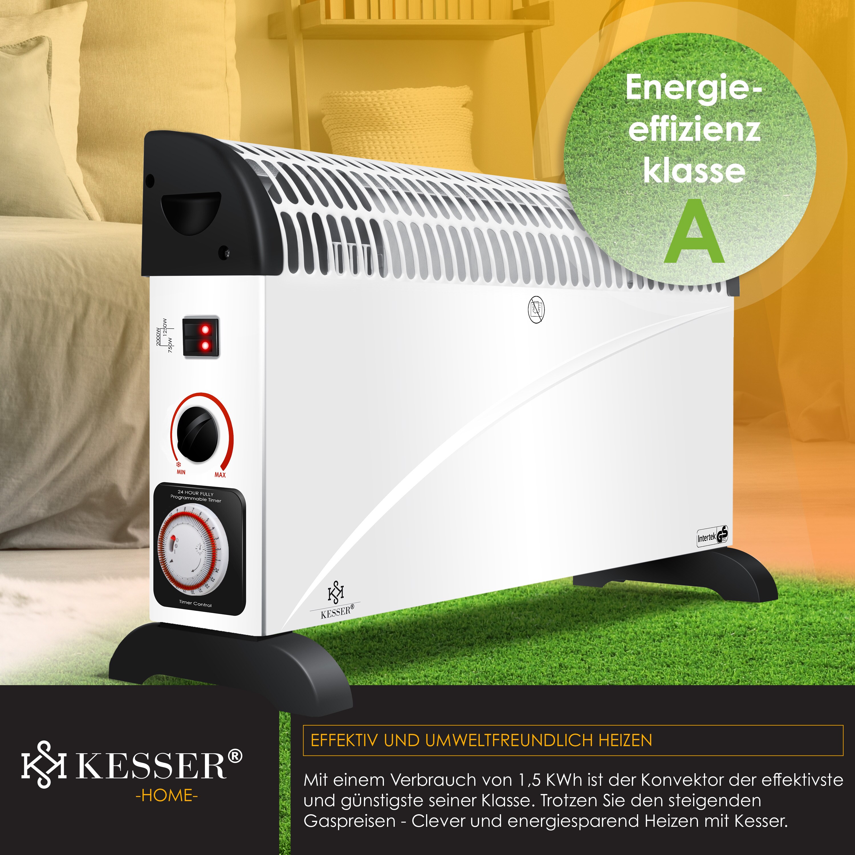 KESSER Konvektor 2000 Watt Heizgerät , 24h Timer | stufenlose Thermosteuerung | Turbo Heizung | 3 Stufen | Tragemulden