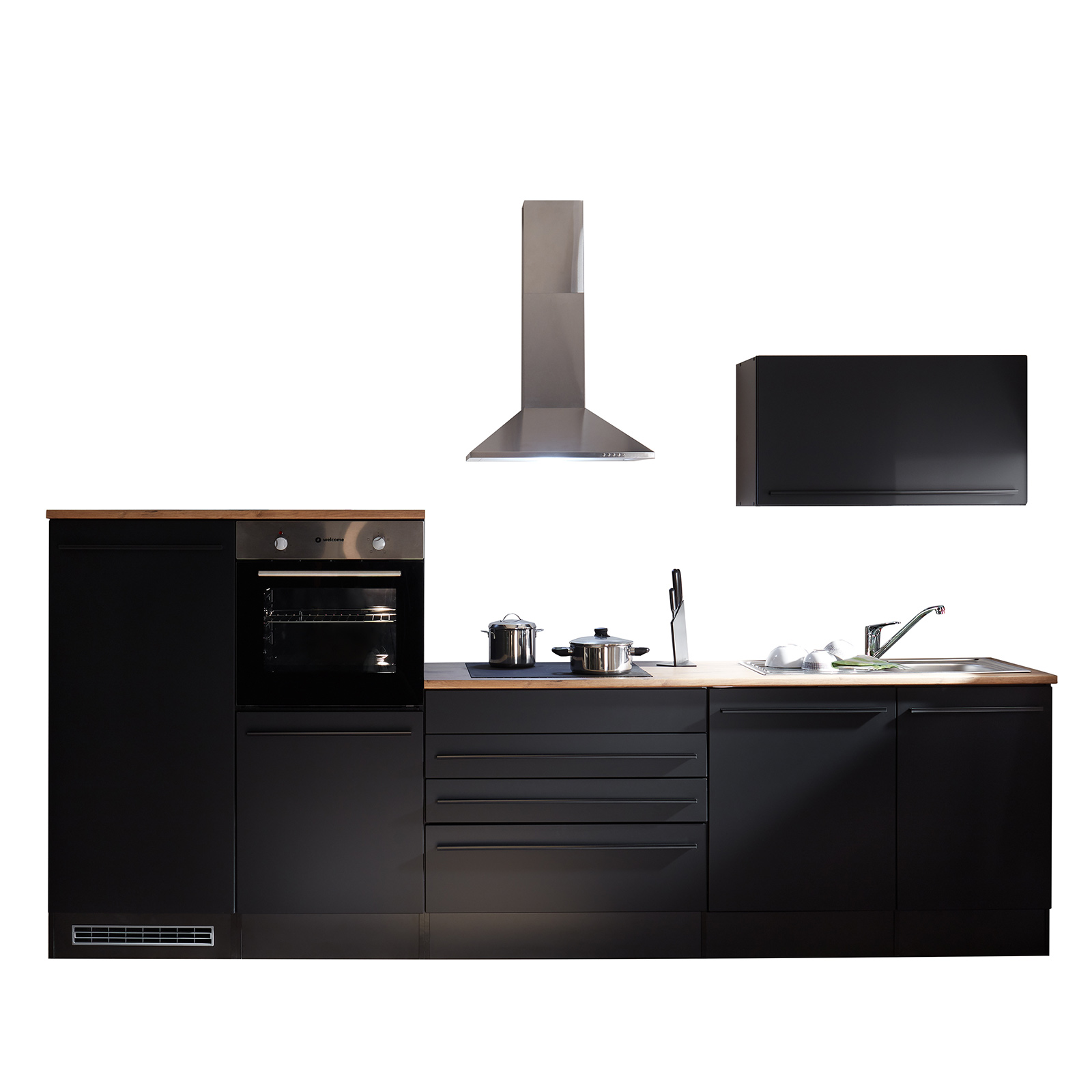 Küchenblock - schwarz matt - Lanzelot Eiche - mit E-Geräten - 200+120 cm
