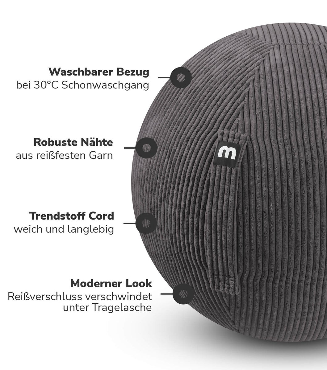 mokebo stoffen ergonomische kantoor oefenbal 'The Sporty One', oefenbal met pomp of Pezzi bal met corduroy hoes in antraciet