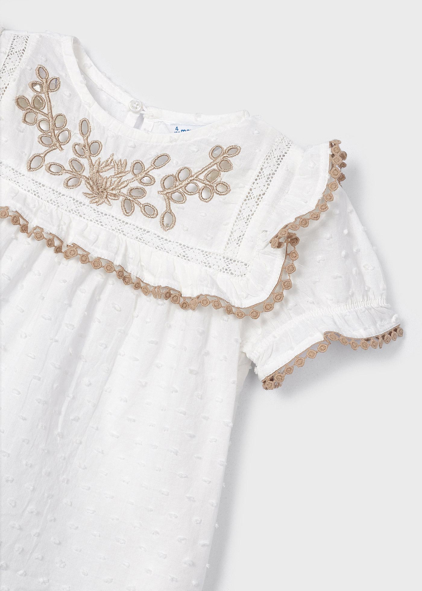 Blusa de algodão de manga curta com bordado plumeti para meninas